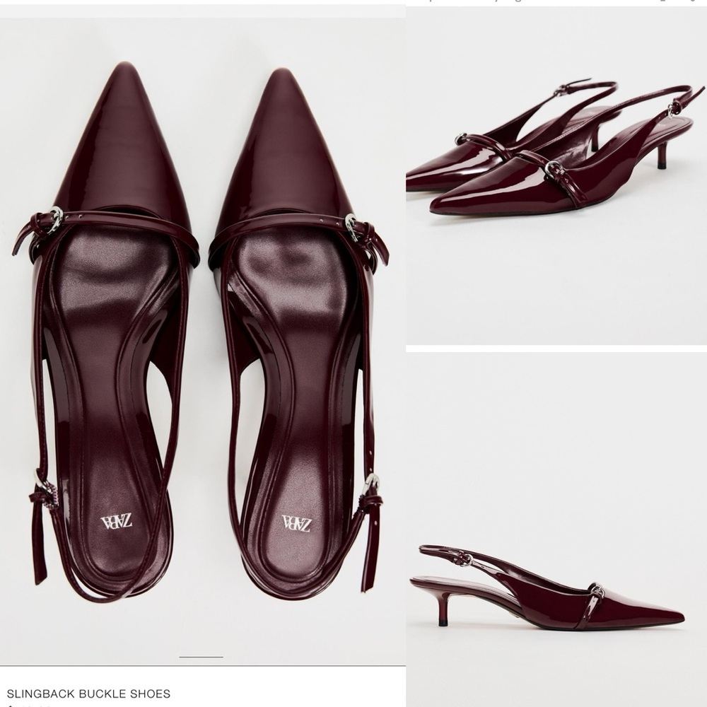 Zara NWT burgundy faux leather patent kitten heels - size 38 - Picture 1 of 6